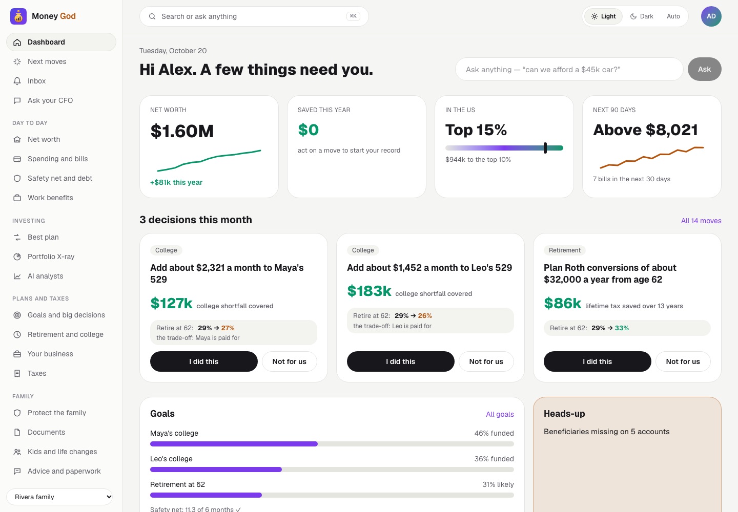 Money God dashboard: net worth, spending plan, this month's best move, upcoming bills and investments